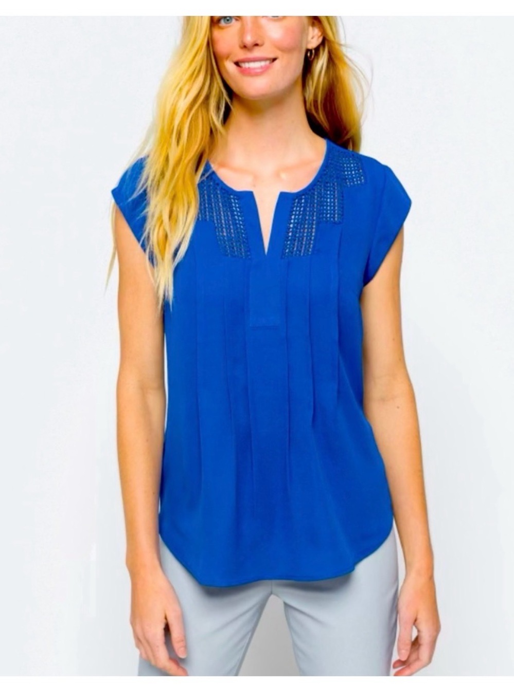 Daniel Rainn Estefany Lace Detail Split-Neck Blouse in Cobalt Blue